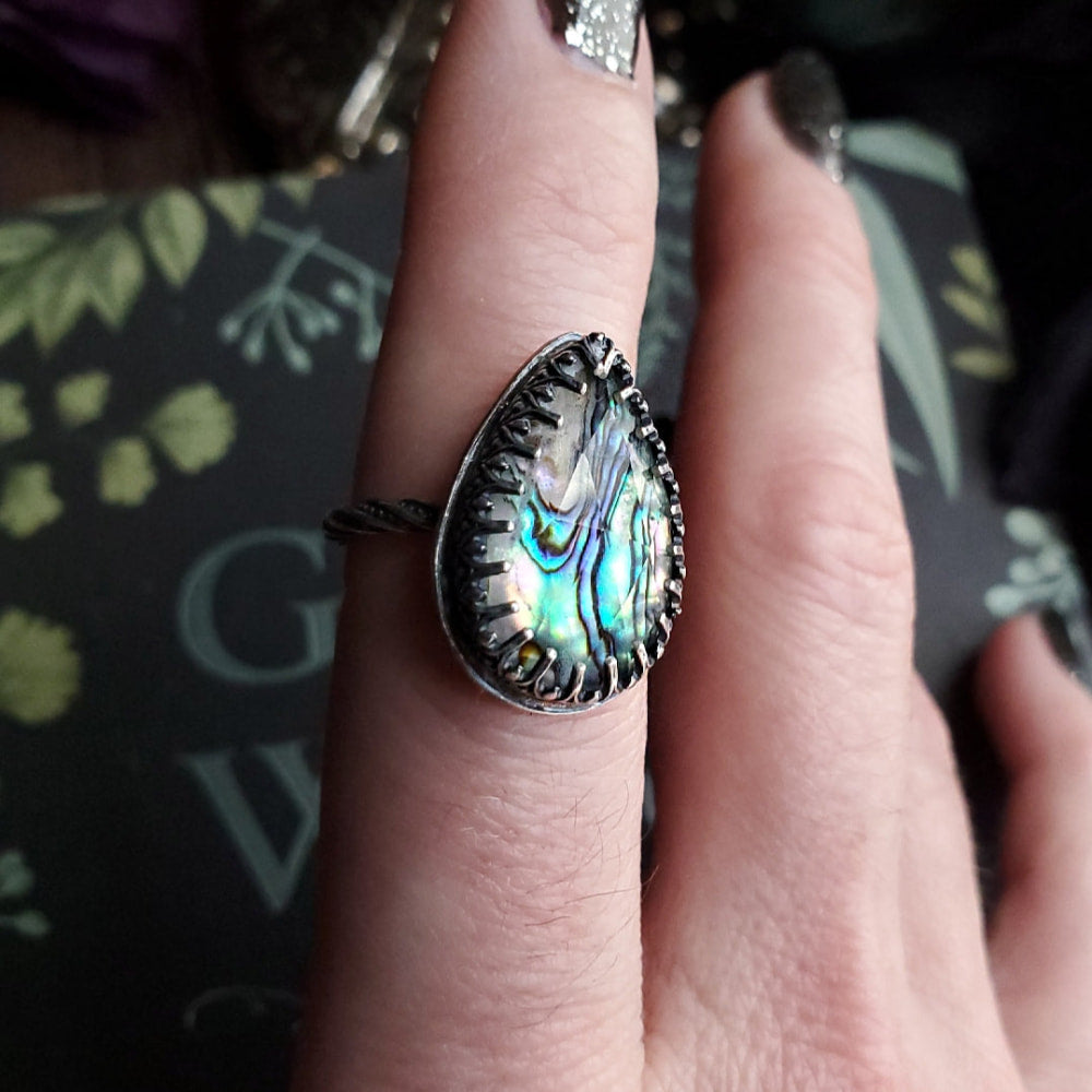 someone is holding a ring with a blue and green shell in it