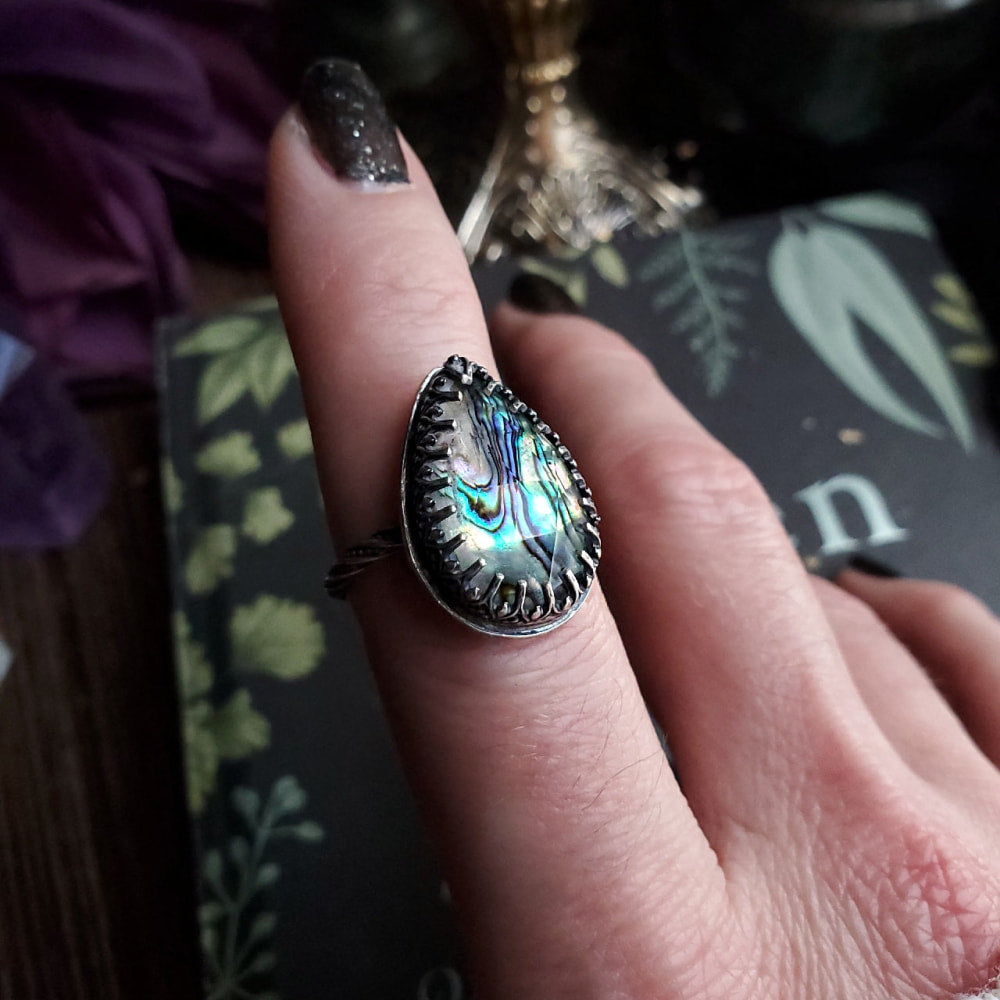 someone is holding a ring with a large abana abana shell in it