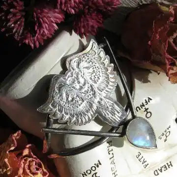 Silver owl pendant with a teardrop moonstone.